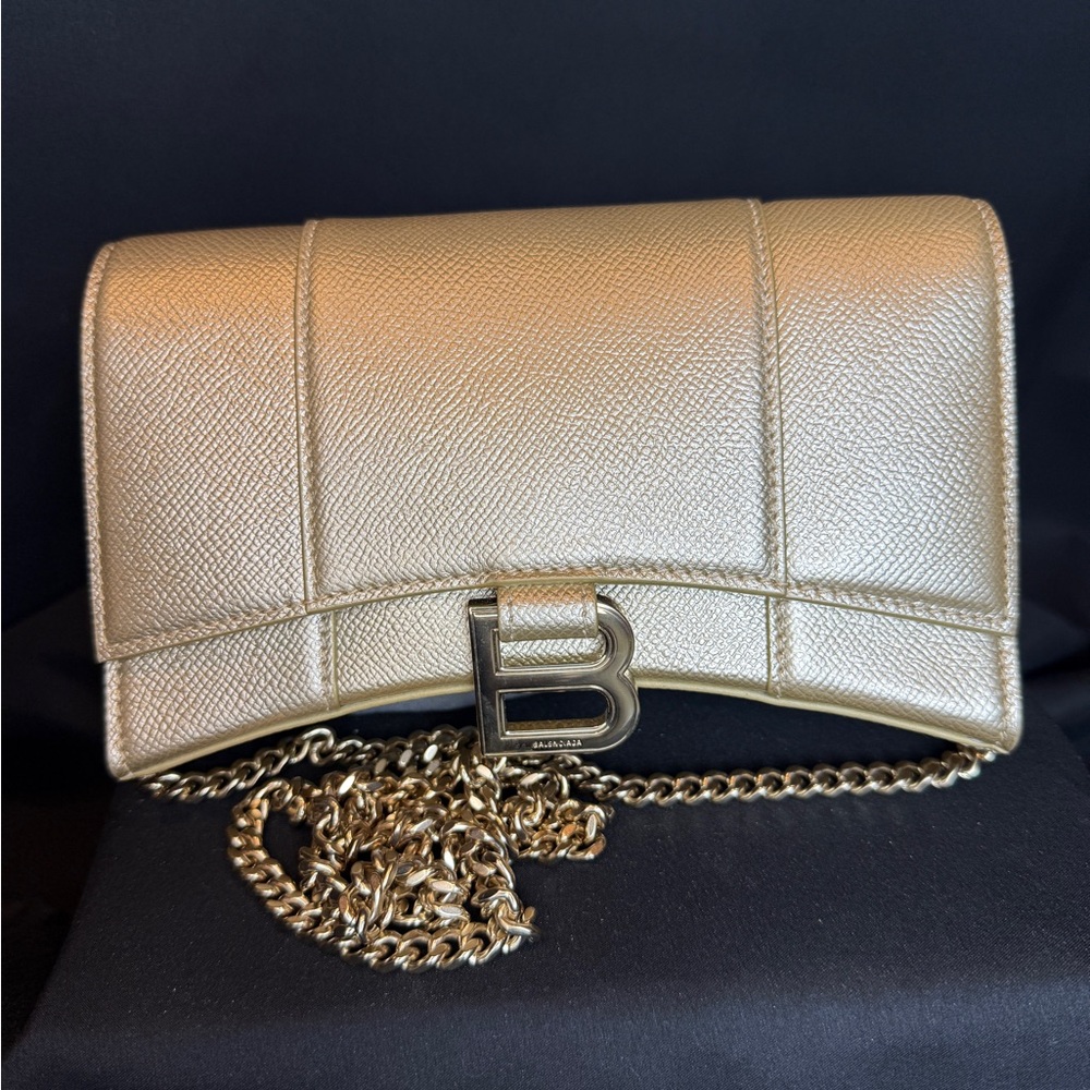 Balenciaga Gold Hourglass Clutch with Brass Chain Strap and Logo Clasp
